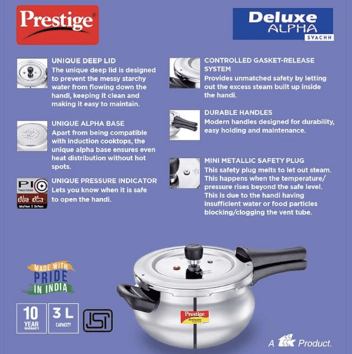 Prestige Svachh Deluxe Alpha Mini Pressure Handi, with deep lid for Spillage Control, 3 L, Stainless Steel, Silver, Outer Lid - Image 3